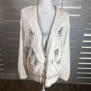 Vtg 80s Donagain Crochet Cardigan Sweater L White Cottage Core Grandma Cozy Pink